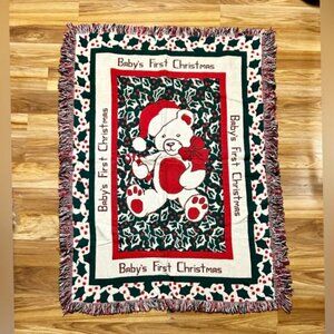 Vintage Babys First Christmas 32X46 Teddy Bear Tapestry Blanket